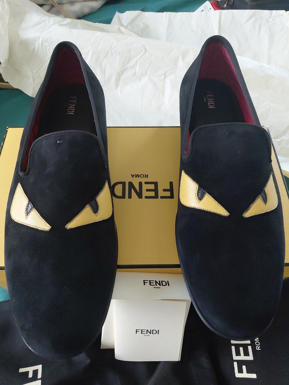 Fendi Men’s Black Suede Loafers with Gold Eye Detail